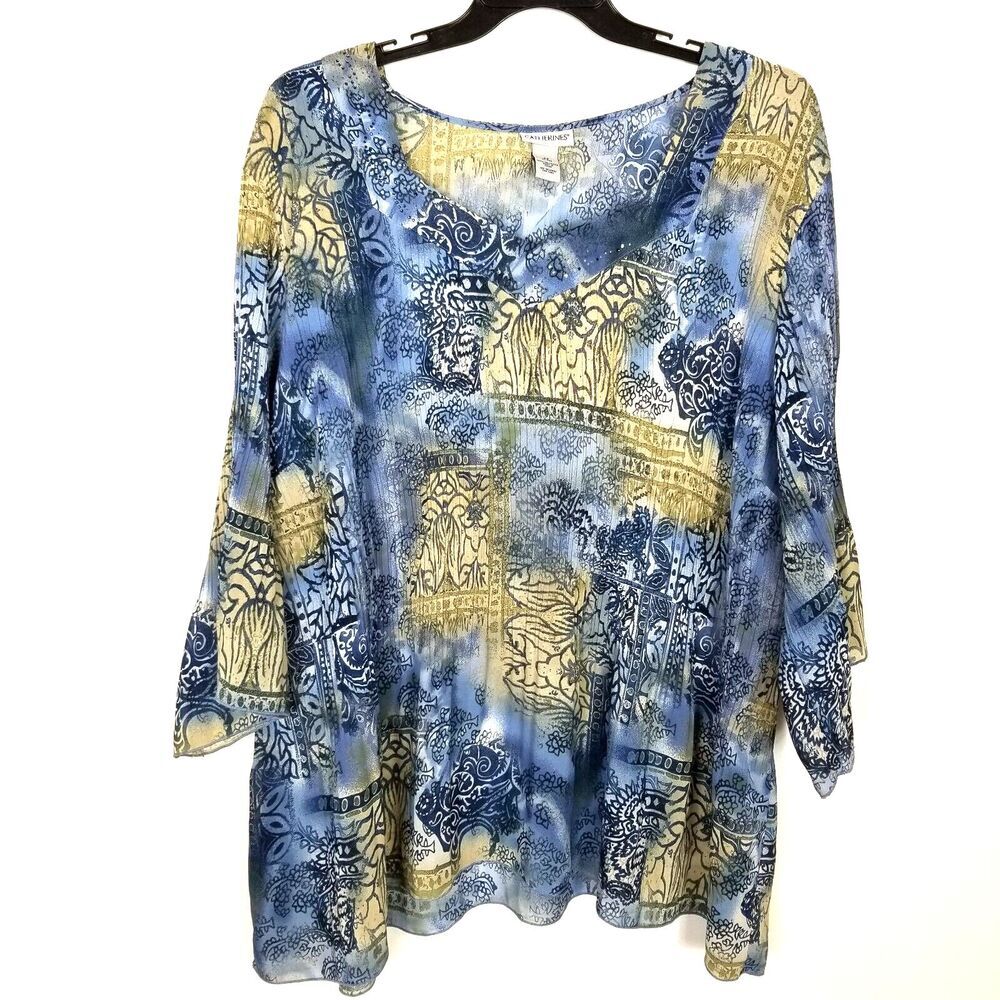 Catherine's Women Plus 3/4 Angel Sleeve V-Neck Tunic Top Sz 4X Blue‎ Floral Boho